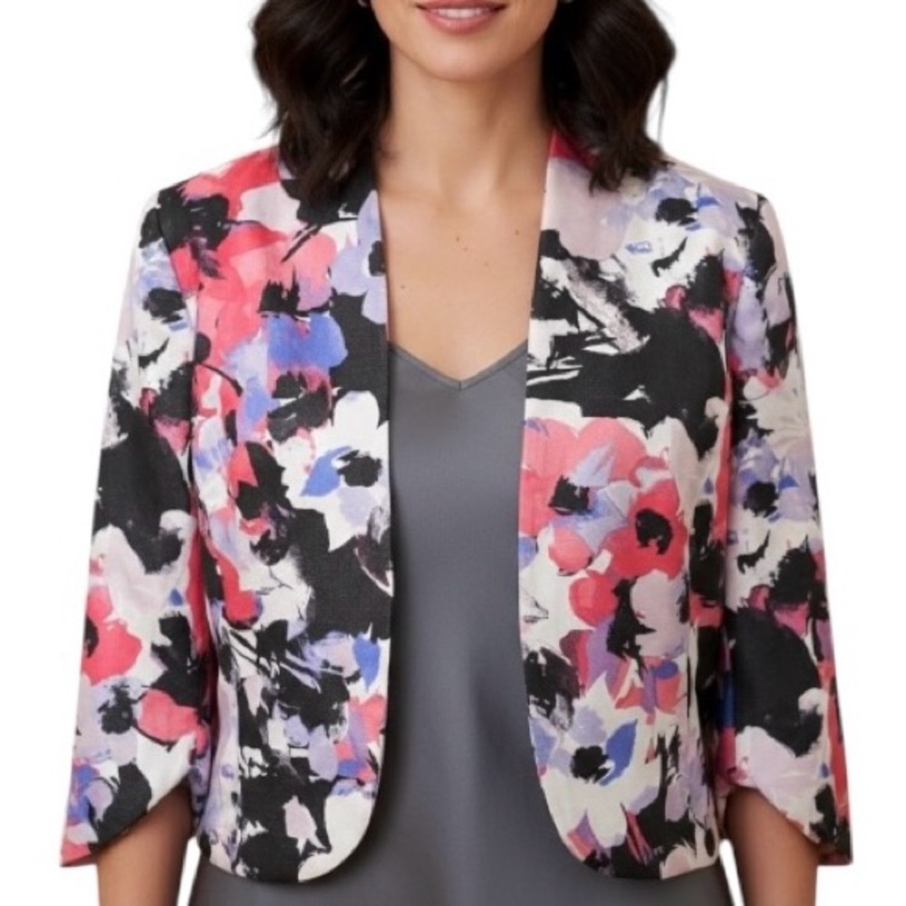 Retro Floral Waist Jacket Pink Black 14 Open Front Evan Picone Black Label